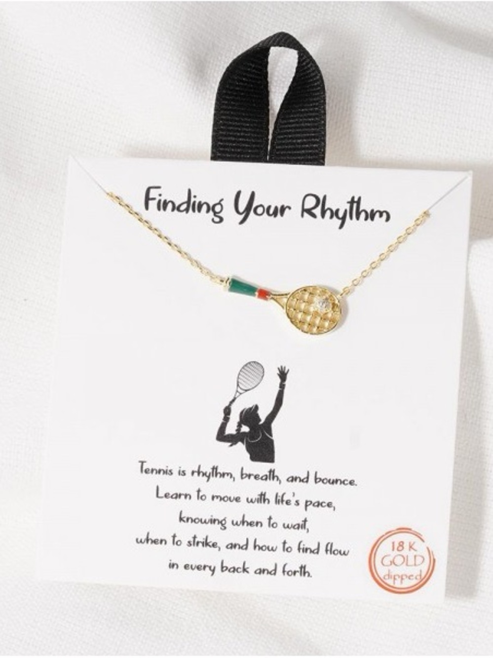 Gold Tennis Racket Necklace with Green and Red Accent - Finding Your Rhythm